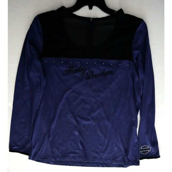 Harley-Davidson Women's Sz 2XL Blue/Black L/S Chiffon Scoop Neck Back Zip Blouse - Picture 6 of 10